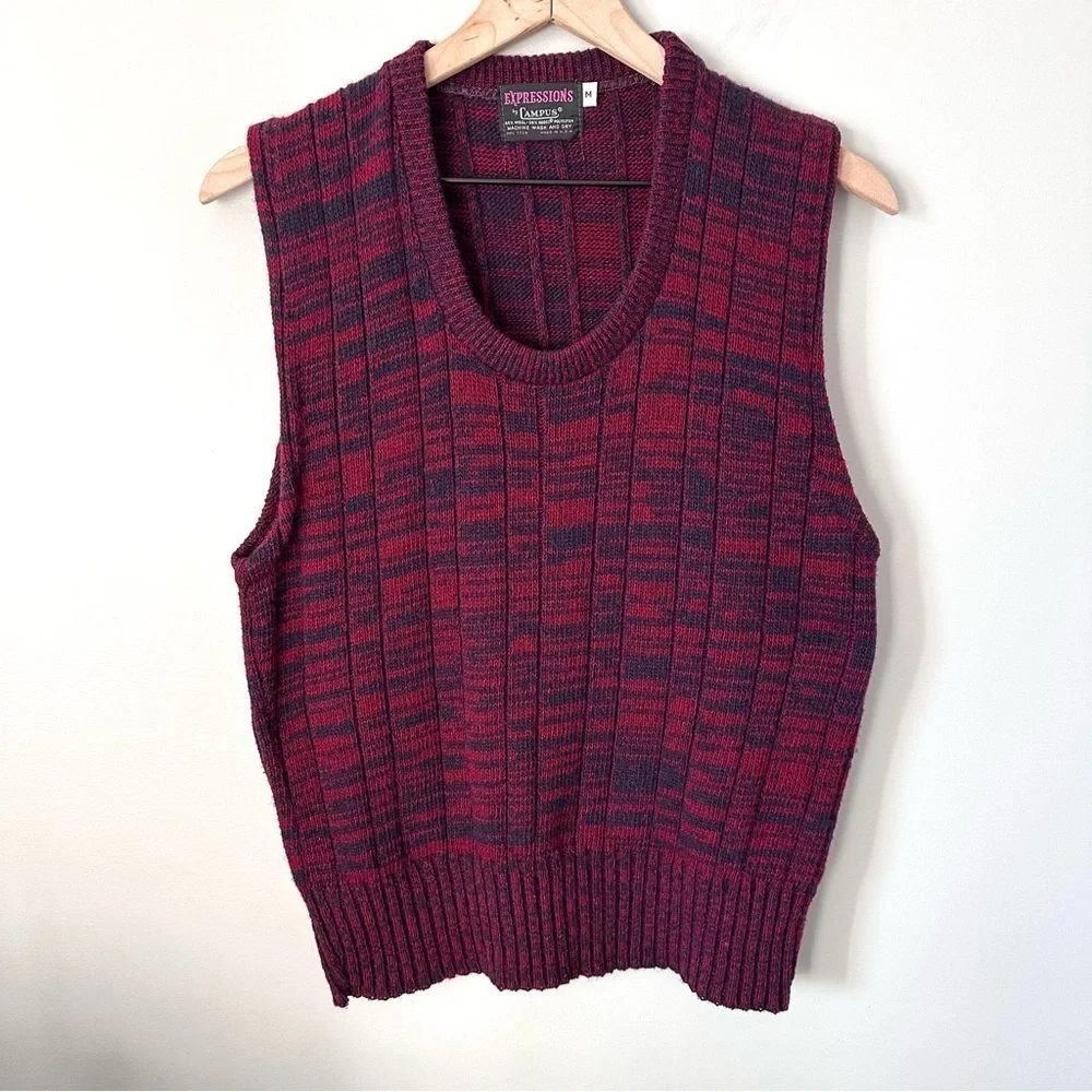 Expressions By Campus Vintage Sz M 70s 80s Sweater Vest Red Navy USA Made Wool - Picture 1 of 8